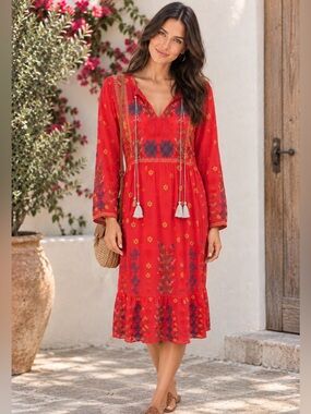 Johnny Was Margot Embroidered Tassel Peasant Midi Dress Coral Red Boho